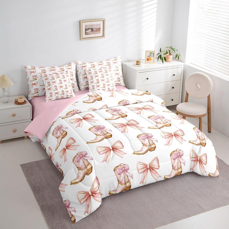 7 Pieces Western Cowgirl Comforter Set Full,Pink Bowknot Cowgirl Boots