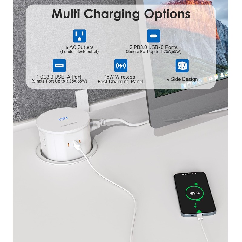 ANNQUAN 4.75" Pop Up Outlet with 65W USB-C,15W Wireless Charger,4