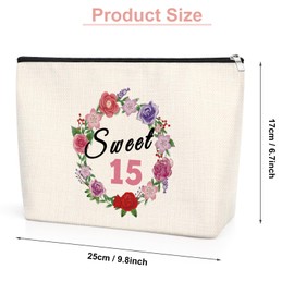 Sweet 15 Birthday Gifts for Girls Friend Sister Cosmetic Bag Birthday Inspirational Gifts for Girls Makeup Bag Gift for Sister Happy 15th Birthday Party Supplies for Friend Bestie Travel Makeup Bag