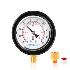 UHARBOUR Pressure Vacuum Gauge 2-1/2" Dial Liquid Filled -30 inhg/30 PSI, Rubber Protective Case, 1/4" Brass Lower Mount, Including 1/4" to 1/8" Thread Adapter and Teflon Tape