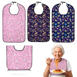 3 baberos para adultos para mujeres, protector de ropa lavable con atrapa migas, baberos para adultos con patrón de mariposa para mujeres mayores, bab
