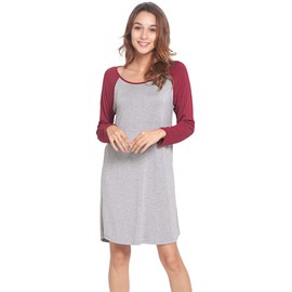 LazyCozy Womens Long Sleeve Nightgowns Viscose from Bamboo Sleepwear Soft Nightshirt Lightweight Sleep Dress, Heather Grey/Wine, Small