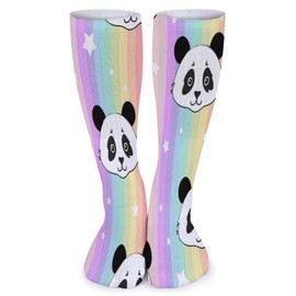 1 Pair Knee High Stockings, Long Soft Compression Crew Foot Circulation Foot Socks for Sports 15.7x3.9 in Print Panda Heads On Stars Rainbow Color Stripes