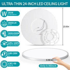 Glowall 24 Inch Round Led Ceiling Light Fixture, Ultra Thin Flush Mount, Dimmable with Remote Control, 56W, 5600 Lumen, Modern, Silver, for Kitchen, Dining Room, Bedroom, Living Room, Home Office