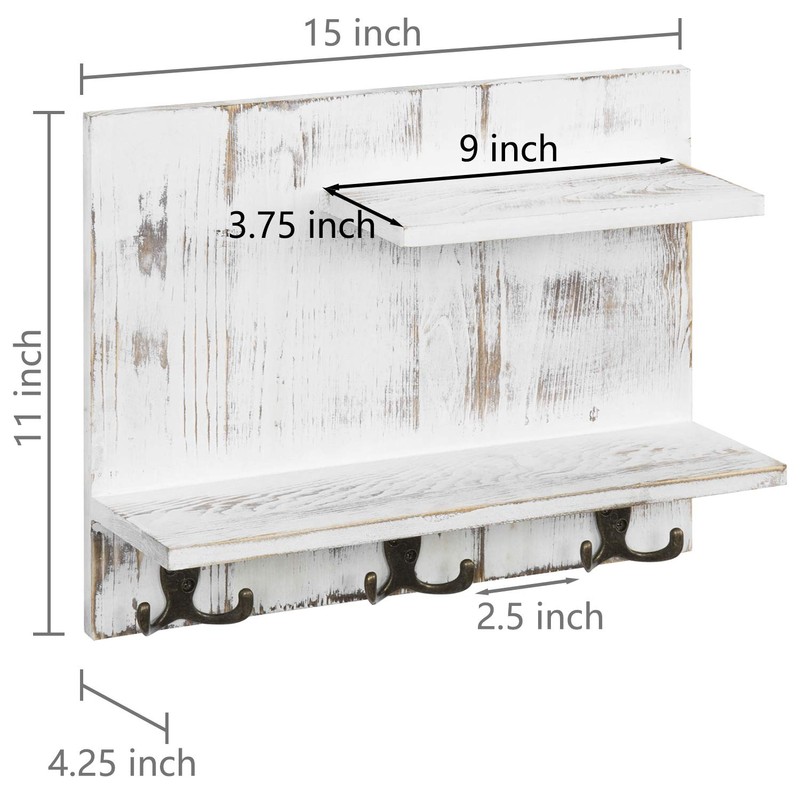 MyGift 2 Tier Wall Mounted Shabby White Washed Solid Wood