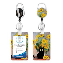 Black Cat Yellow Flower ID Badge Holder with Clip Badge Reels Retractable Heavy Duty,Keychain,ID Card for Women,Nurses, Teacher,Office Worker