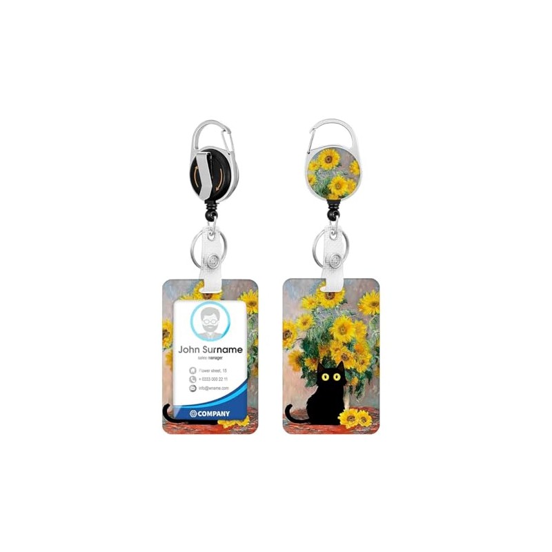 Black Cat Yellow Flower ID Badge Holder with Clip Badge