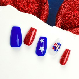 4th of July Press on Nails Medium Coffin Fake Nails with American Flag & Star Designs Glossy Glue on Nails Red Glitter Independence Day Acrylic Nails Blue Full Cover Stick on Nails for Women 24Pcs
