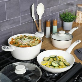 Gibson Home Plaza Café Forged Aluminum Healthy PFA-Free Ceramic Pots and Pans Cookware Set, 7-Piece Set, Linen White