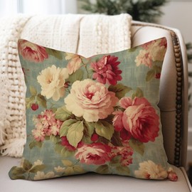 MangGou Throw Pillow Covers Pink Cabbage Roses Romantic Aqua Cushion Cover Chinoiserie Style Pillow Covers Cottage Chic Antique Pink Flower Euro Sham Pillow for Home Sofa 22x22in