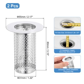 sourcing map 2 Pack Shower Drain Strainer, 3.1" x 2.2" Stainless Steel Floor Drain Strainer Deep Sink Hair Catcher for Kitchen Bathroom Balcony Floor Drain, Fit Hole Size from 1.4" to 2"