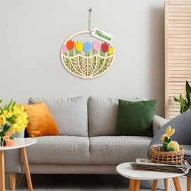 Ferraycle Spring Tulip Door Decor Spring Wreaths for Front Door Wooden Tulip Welcome Basket Door Sign Rustic Farmhouse Flower Door Hanger Hanging Wall Decorations for Home Indoor Outdoor Spring Decor