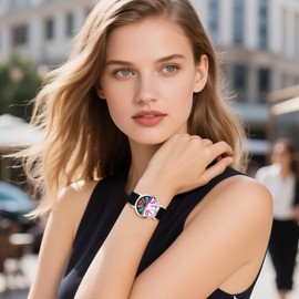 JewelryWe Women's Big Face Watch - Colorful Big Arabic Numbers Dial Easy to Read Quartz Watches Adjustable Silicone Wristwatch, Black Strap