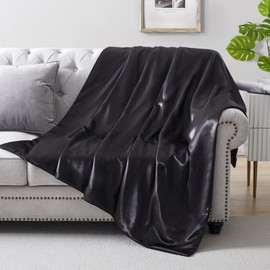 Silk Throw Blanket - Black Cooling Packable Satin Blanket for Couch, Bed, Camping, Outdoor, Travel, Car - Super Soft Lightweight Cozy Blanket(50'' x 60'', Black)