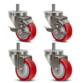 NINOSO 3" Stem Caster Wheels, Stainless Steel Casters Set of 4 Heavy Duty, Anti-Corrosion Polyurethane Industrial Caster Wheels for Cart (2 Brake& 2 Swivel)
