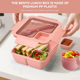 Nymblis Bento Lunch Box for Adults, Leakproof Bento Box Set with Insulated Bag, Cutlery, Soup Cup, 1100ML Lunch Box Kids with Compartments for Office, School, Travel, Picnic(Pink)