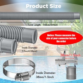 eBoot 4 Set Pool Pump Hose for Above Ground Pool 1.5 Inch Pool Hose 59" Long Pool Filter Replacement Hose with 8 Hose Clamps and 8 Hose Adapters for Swimming Pool Compatible Accessories(Grey)