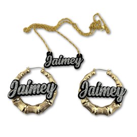 Custom Nameplate Jewelry Set | 2.5" Gold Bamboo Hoop Earrings | Nameplate Necklace | Laser-Cut Diamond Script Letters | Black Mirror Background | Engravable Wood Gift Box | Crafted in CT, USA