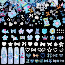 300 Pcs Blue Charms for Junk Cases, Cute Resin Nail Candy Flower Charms, 3D Mix Assorted Pearls Nail Charms, Multi Shapes Flower Bow Star Heart Junk Case Charms for Nail Art DIY Crafts Accessories