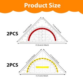 Vicloon Set Square, 4-Piece Geometry Triangle Ruler Set, Transparent Set Square with Handle, 16 cm Drawing Triangle Protractor Set, Plastic Geometry Triangle for Students, Office, Designer, Painting,