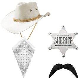 White Cowboy Hat and White Bandana With Sheriff Badge Moustache Western Sun Cap Faux Felt Suede Fancy Dress Party Costume Outfit Neckscarf Protection Mens Womens