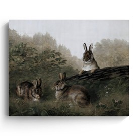 Happy Easter Canvas Wall Art, Vintage Bunny Pictures Print Framed Wall Decor, Cute Bunny Springtime Festival Print Oil Painting Artwork for Nursery or Farmhouse Decoration 11x14inch