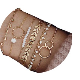 Jovono Boho Layered Circle Bracelet Set Gold Beaded Bracelets Leaf Hand Chain Tassel Hand Jewelry for Women and Girls(6 Pcs)