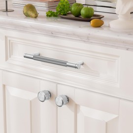 FURNIWARE 10 Pack Brushed Satin Nickel Knurled Cabinet Handles, 128mm(5 Inch) Hole Center, T-Shaped Silver Kitchen Cupboard Pulls for Drawer Dresser, Cupboard, Wardrobe