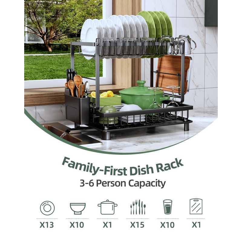 Nfnoyp Dish Drying Rack, 2 Tier Space-Saving Dish Rack, Multifunctional