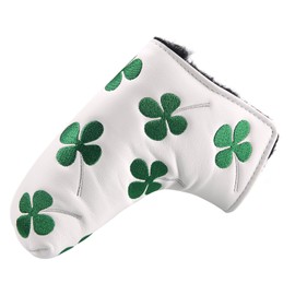 Golf Putter Cover Pin Type Golf Headcover Putter Velcro Clover White Black Leaf Clover PU Leather Blade Putter Cover (White)