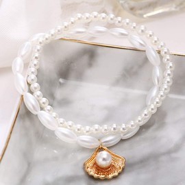 Sakytal Boho Pearl Anklet Layered Ankle Bracelets Beaded Scallop Pendant Foot Chain Jewelry for Women