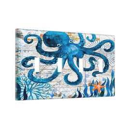 Nautical Octopus Sea Monster Quad Toggle Light Switch Cover Decorative 4 Gang Wall Plate Electrical Faceplate for Bathroom Home Living Room Decor 4.5 X 8 In