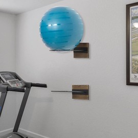 Wall Mounted Exercise Ball Holder, Gym Yoga Studio Storage Display Rack with Burnt Wood and Black Metal Wire, Set of 2