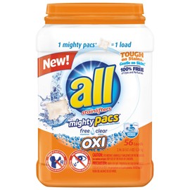 All Mighty Pacs Laundry Detergent with Oxi Stain Removers and Whiteners, Free Clear, Pouch, 32 Count