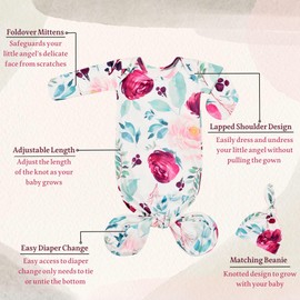 Giggle Angel Newborn Baby Sleeper Gown Knotted Gown Baby Girl Coming Home Outfits 2-Piece Gown and Hat Set (InkGreen and Purple, 0-3 Months)