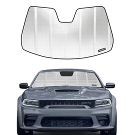 Pigenius Windshield Sun Shade for 2011-2023 Dodge Charger with Rearview Mirror Mounted Camera. 2024 Upgrade Reflective Aluminum Film Front Window Sunshade for Maximum Interior Protection