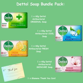 Antibacterial Soap Bundle with 4 Pack Soap Bars (Original, Skincare, Cool and Fresh) 60g each and Glameno Thank You Card