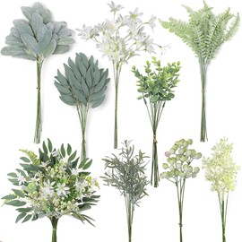 FOTEEWL 70 Pcs Artificial Greenery Stems Box Set,with 8 Kinds of Faux Plants and Fake Flowers for DIY Bridal Bouquets Wedding Floral Arrangement Table Centerpieces Decoration (Sage Green & White)