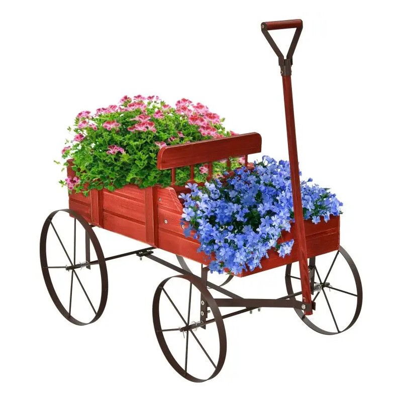 Wooden Wagon Plant Bed with Metal Wheels for Garden Yard