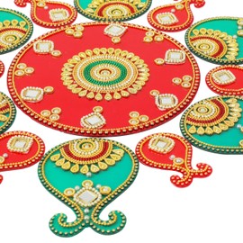 Designer Floor Rangoli Reusable Round Acrylic Rangoli Indian Traditional Home Floor Decor Gift for Home Interior Floor Decoration Festival Navratri Decoration and Gifting(Size:-14")(Red,Green)