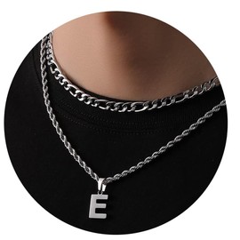VCCKNB JEWELRY Initial Necklaces for Men, A-Z Letter Necklace 316l Stainless Steel Cuban Link Chain Layered Alphabe Pendant Necklace for Boyfriend Lover Valentines Gift (E)