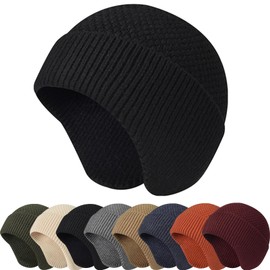 Enwokran Knit Beanie Hat Warm Winter Hats Unisex Stretchy Windproof Earflap Knit Skull Cap Slouchy with Ear Warmer for Running Fishing Skiing Cycling Outdoor Sports (Black)