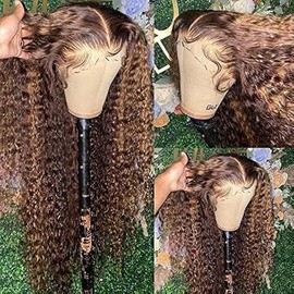 ghotool 250% Density Highlight V Part Wig Human Hair Glueless Ombre BrownThiner Lace Wig For Black Women Minimal Leave Out Upgrade U Part Human Hair Wig Kinky Curly Wigs 20 Inch