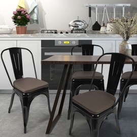 SINOSSO Modern Faux Leather 14" Metal Chair Cushions Set of 4, Leathaire Magnetic Chair Pads for Dining Kitchen Cafe Bistro Stackable Chairs (U-Shape, Brown, 4)