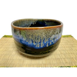 Japanese Matcha bowl 4.45 Inches Diameter Black with Blue Gradient and Brown Drip Pattern Mino Ware Pottery from Japan TG43423