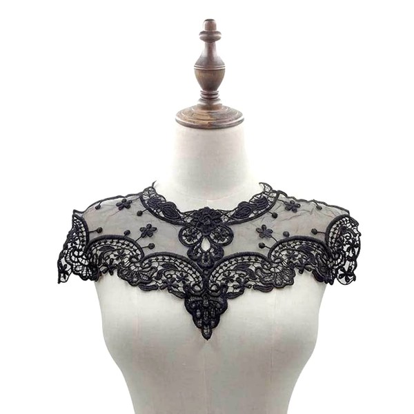 Duories Embroidered Tulle Lace Collar Applique, Lace Patch Lace Motif Applique Patches Insert Collar for Sewing DIY Craft Costume Clothing Wedding Dress Decoration on the Neckline, Black