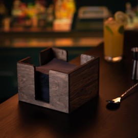 Wooden Cocktail Napkin Caddy - Bar Top Organiser to Hold up to 100 Cocktail Napkins