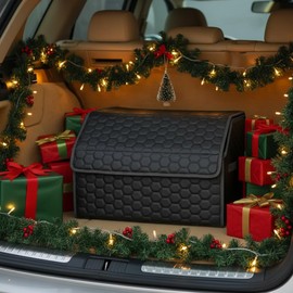 Owleys Cargo Organizer 17.7" - Compact Storage Totes With Lids For SUV, Sedan Or Truck - Durable Car Crate For Travel Essentials - Unique Gifts For Dad (Black 17.7)