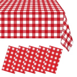 5 Pack Plastic Checkered Disposable Tablecloth 54"x108" Red Check Waterproof Plastic Table Cloth for Rectangle Tables, Waterproof Table Covers,Tablecloths for Dining Party Wedding Graduation