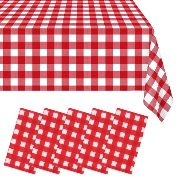 5 Pack Plastic Checkered Disposable Tablecloth 54"x108" Red Check Waterproof